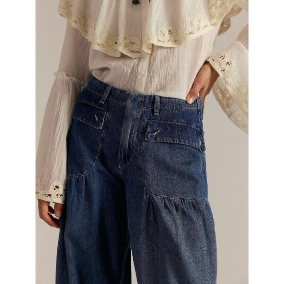 Women's Wide Leg Denim Pants Mid Rise Baggy Drawstring Ankle Casual Wear - Picture 5 of 5